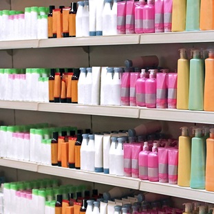 shelves of colorful personal care products