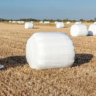 hay bales covered in white plastic wrap sitting in a field